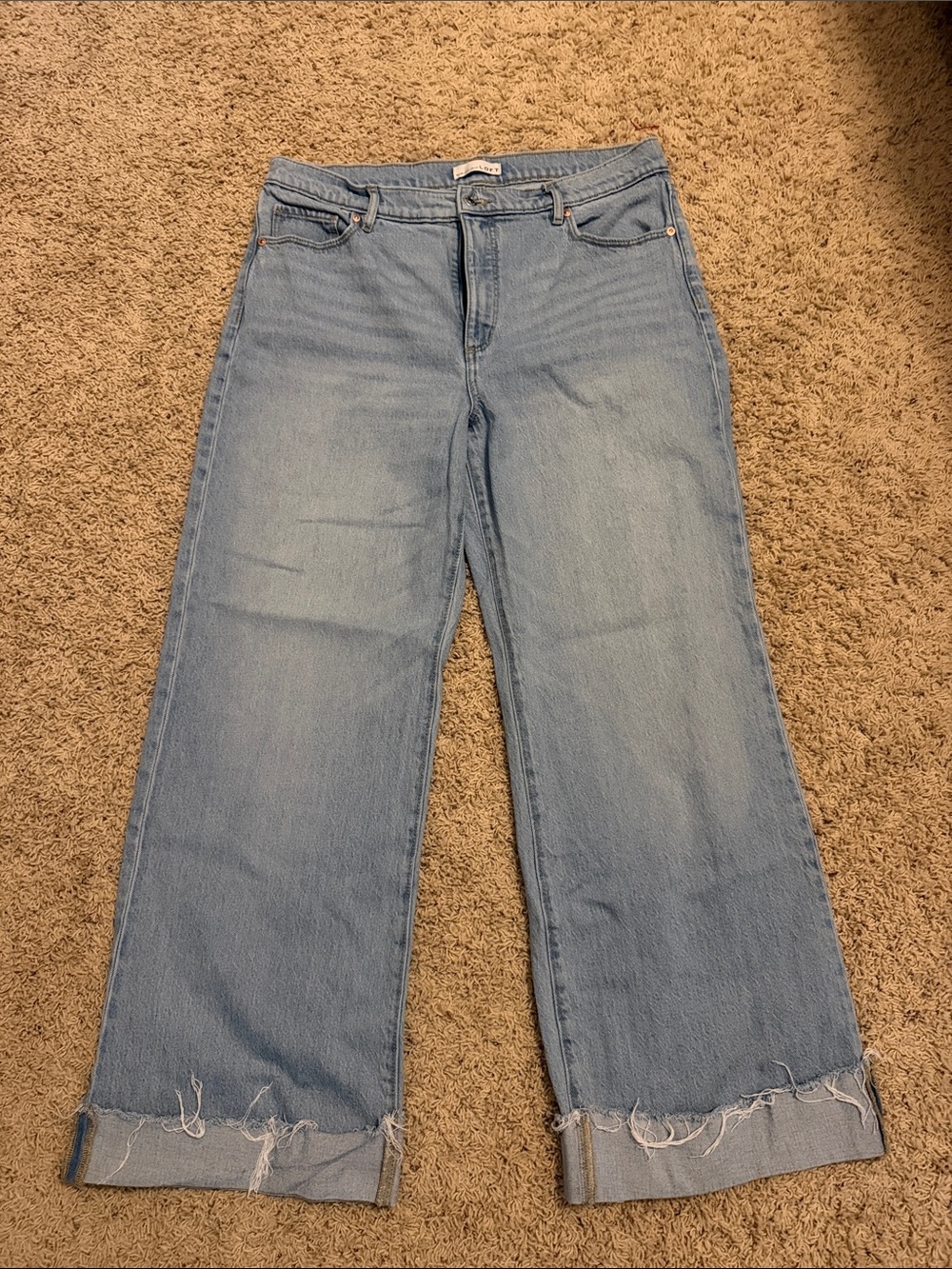 LOFT Light Blue Wide-Leg Frayed Hem Cuffed Jeans